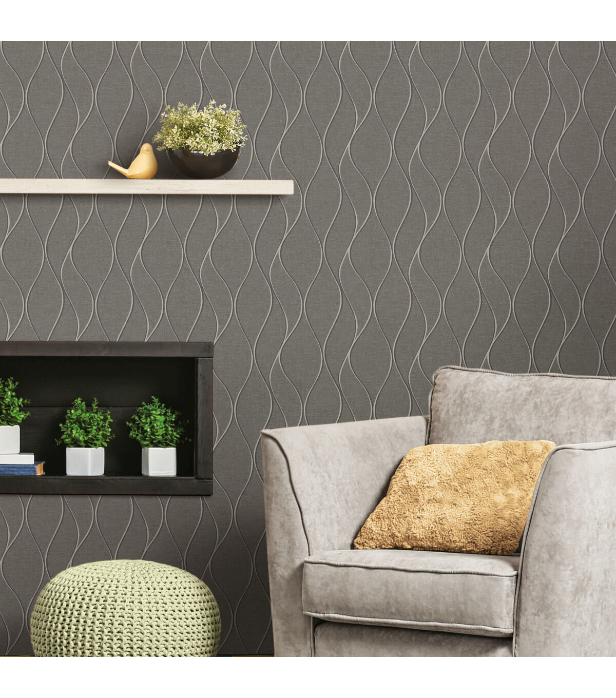 RoomMates Wallpaper Grey Wave Ogee