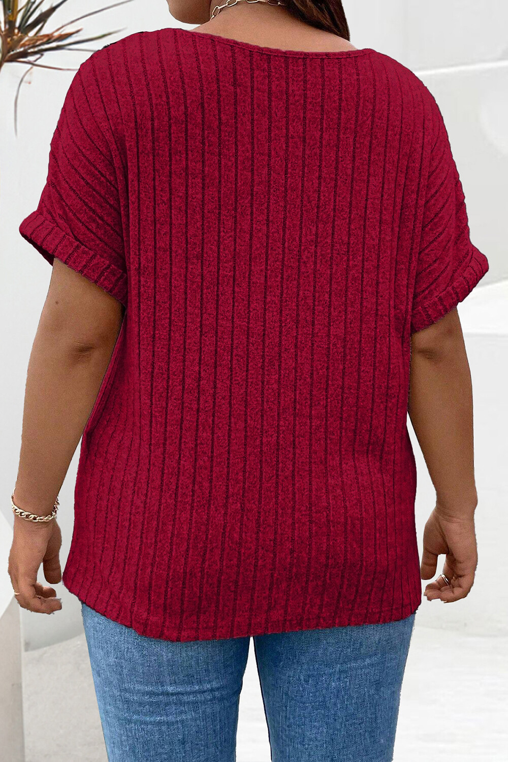 Flycurvy Plus Size Christmas Burgundy Pit Strip Half-Zip Short Sleeve Blouse