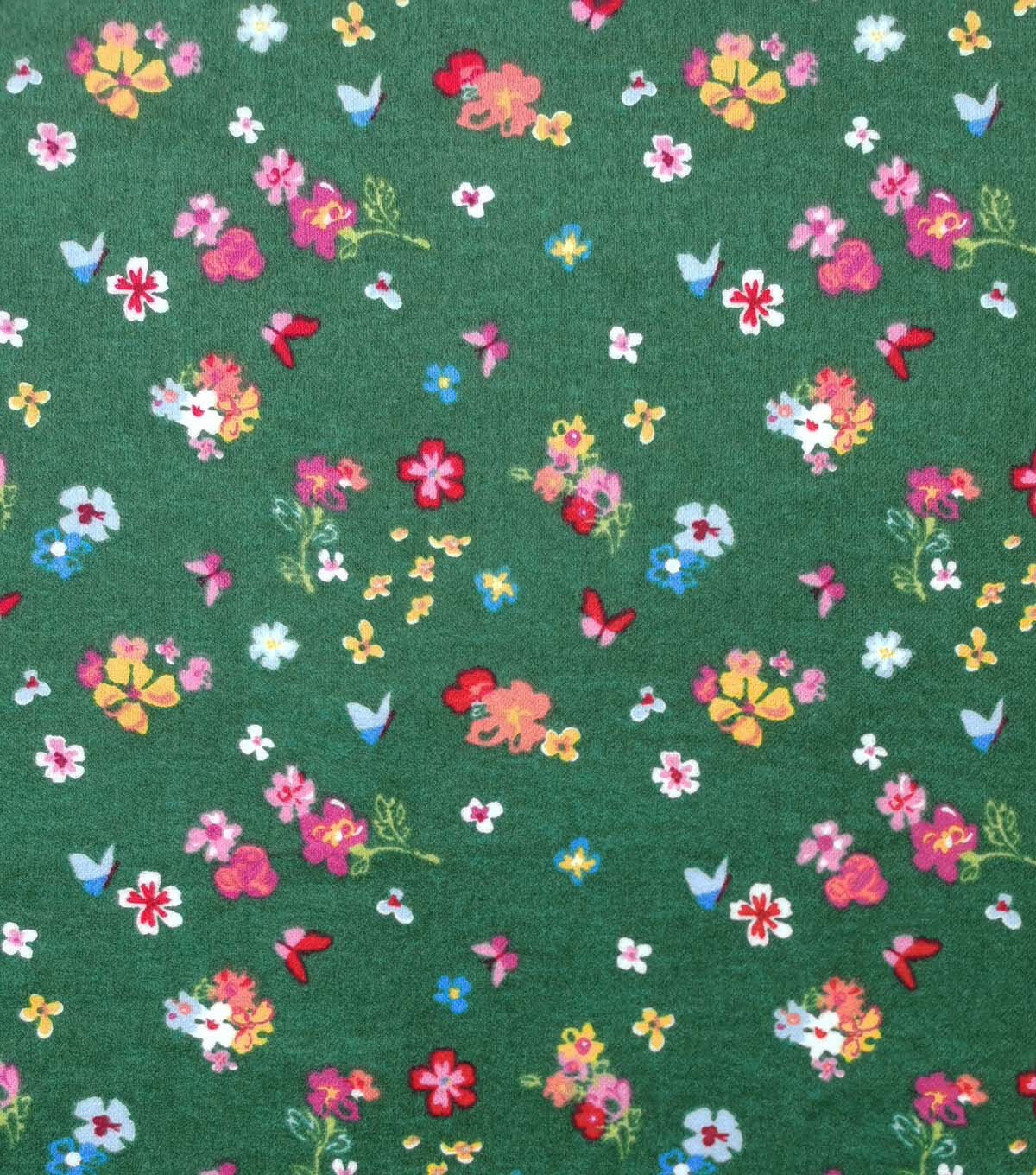 Floral & Butterfly on Green Luxe Flannel Fabric