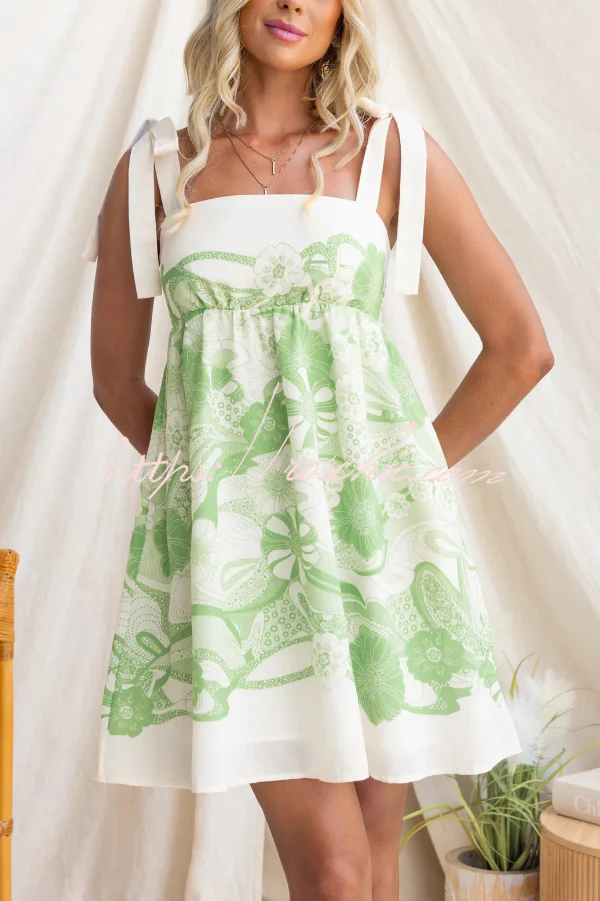 Unique Print Square Neck Spaghetti Strap Tie Full Hem Mini Dress