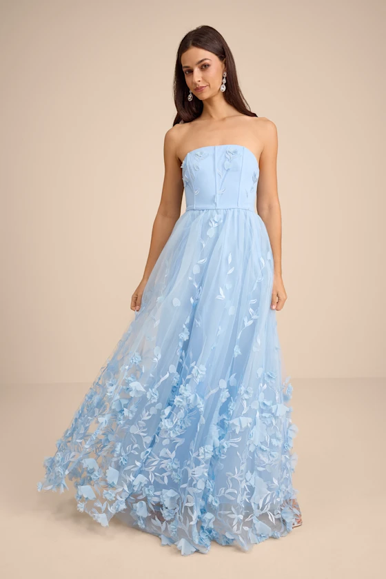 Lynly Light Blue 3D Floral Applique Tulle Maxi Dress