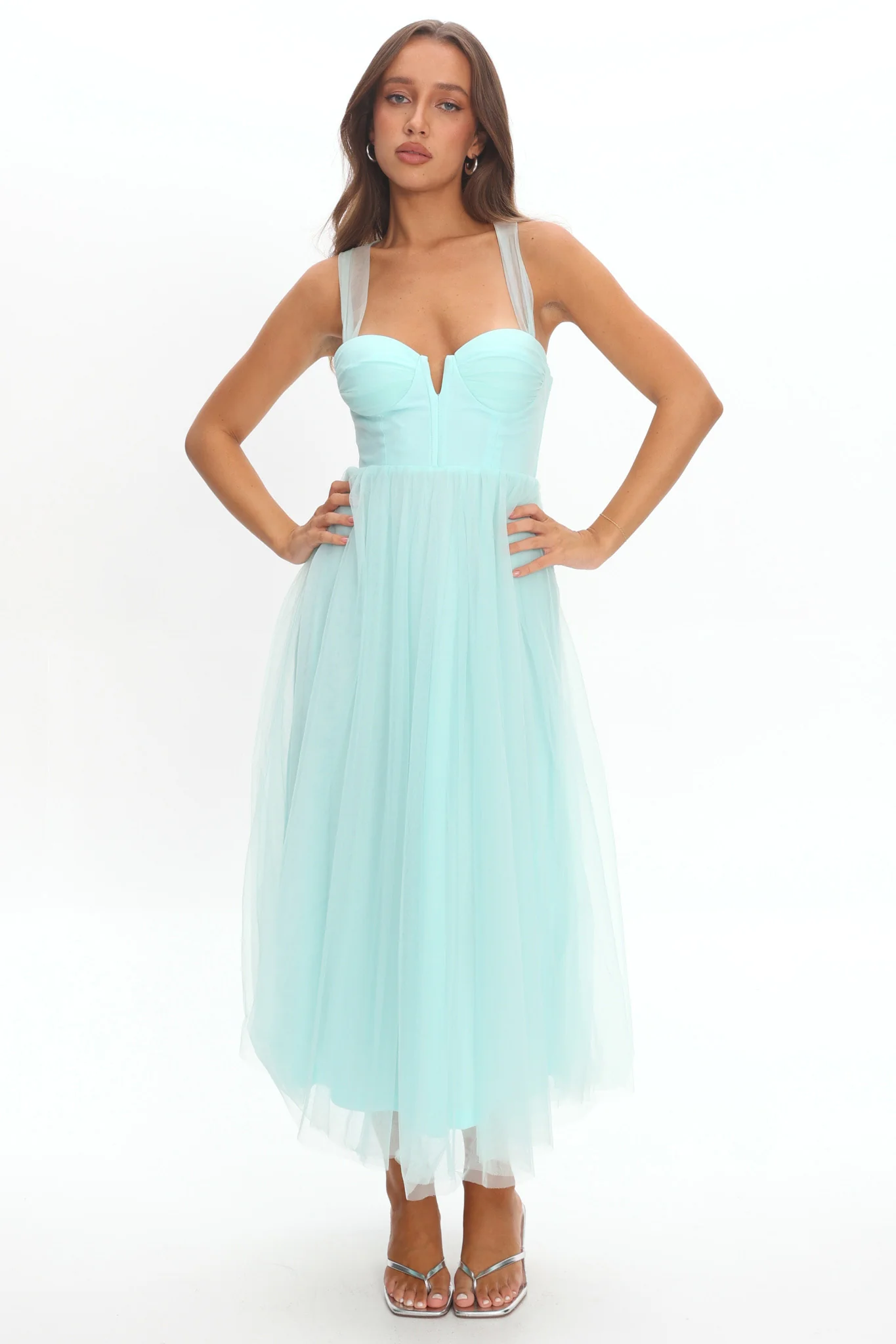 Surreal Lace-Up Back Tulle Midi Dress Mint