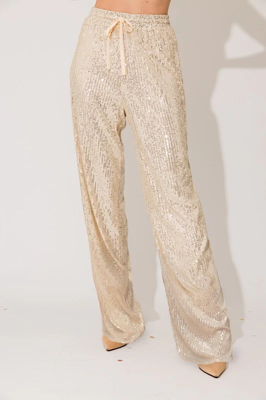 Sequins Straight Pants Ivory-Silver