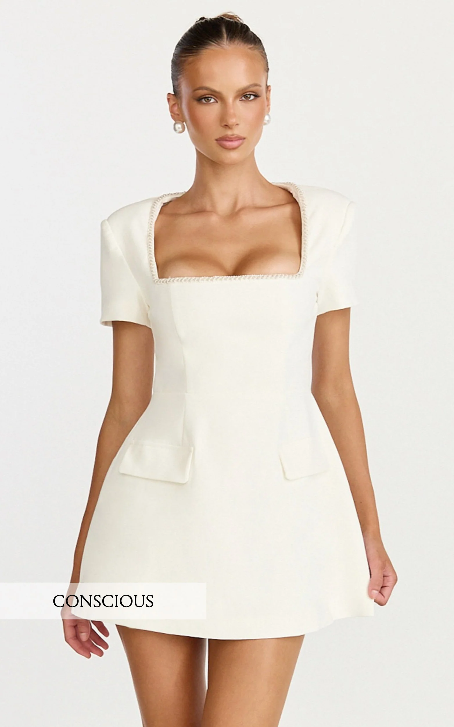 Short Sleeve Pearl Trim Square Neck Tulip Dress in White