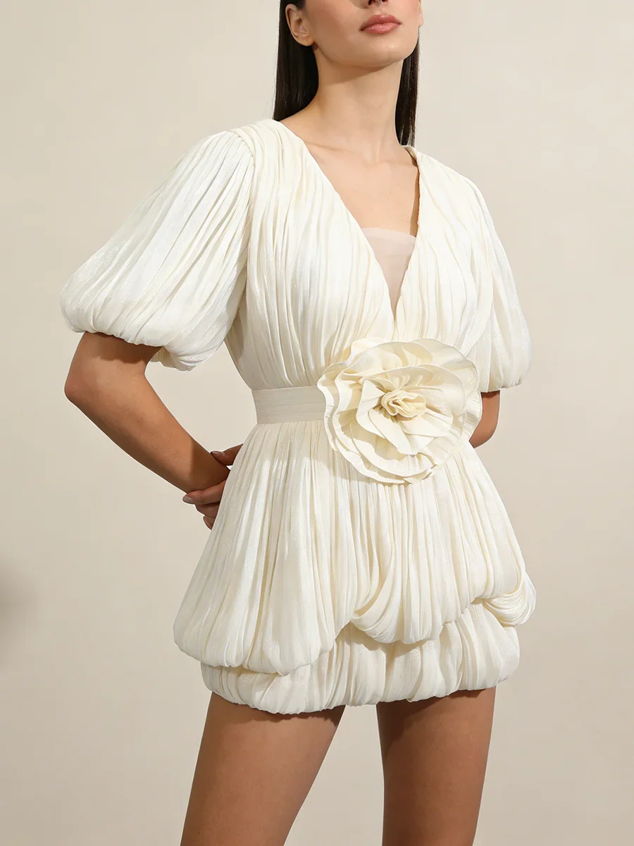 Ruched Deep V Neck Puff Sleeve 3D Flower Mini Dress