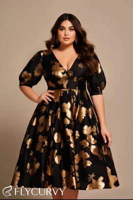 Flycurvy Plus Size Cocktail Gold Floral Print Puff Sleeve Empire Waist Tea-Length Dress
