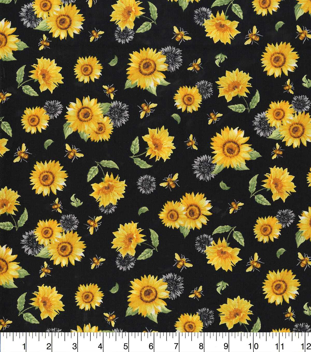 Hi Fashion Sunflowers And Bees Black Premium Print Cotton Fabric