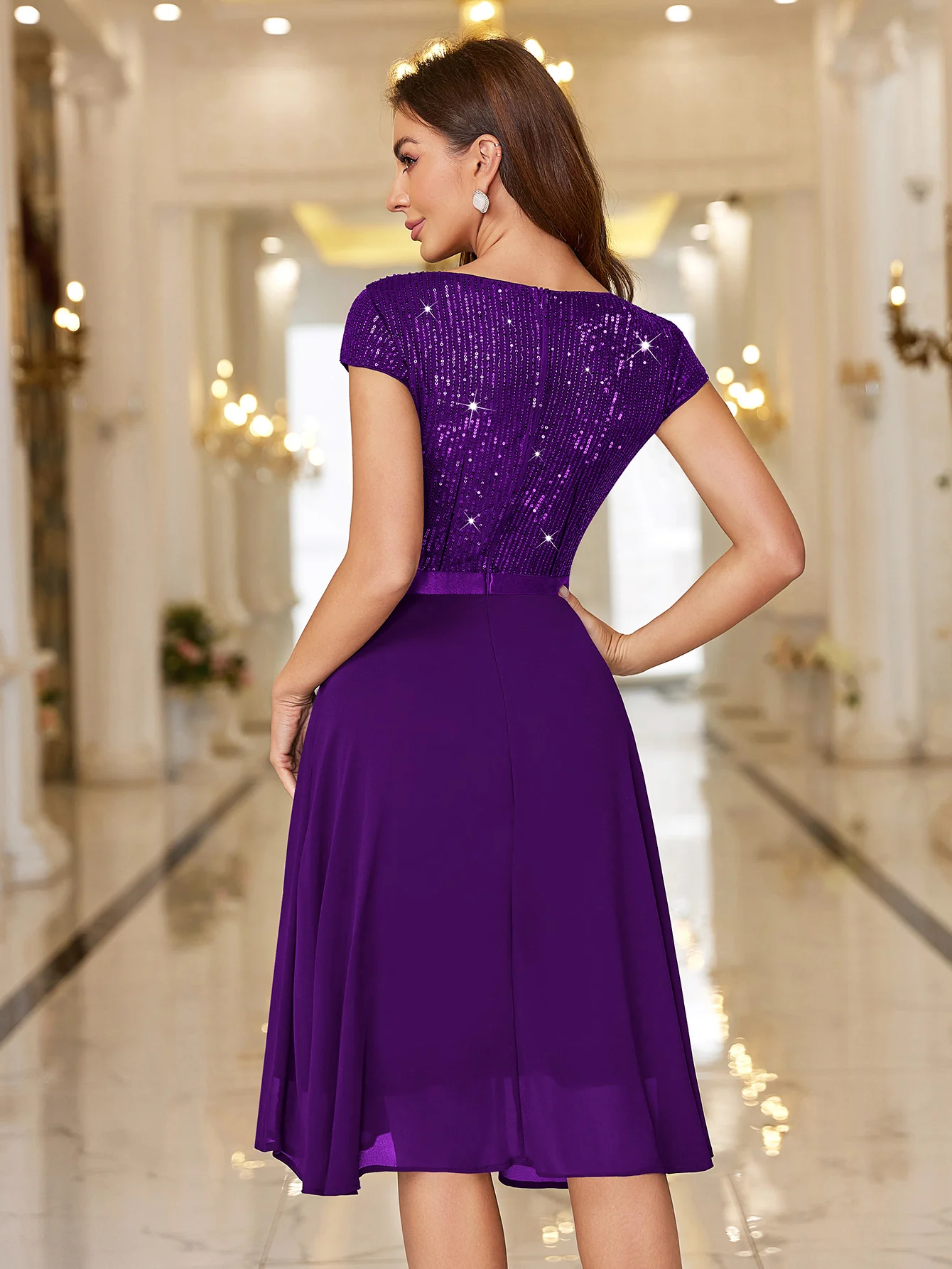 Sequin Lace Ruffle Trim Chiffon Cocktail Party Swing Dress for Weddings, Proms & Formal Events
