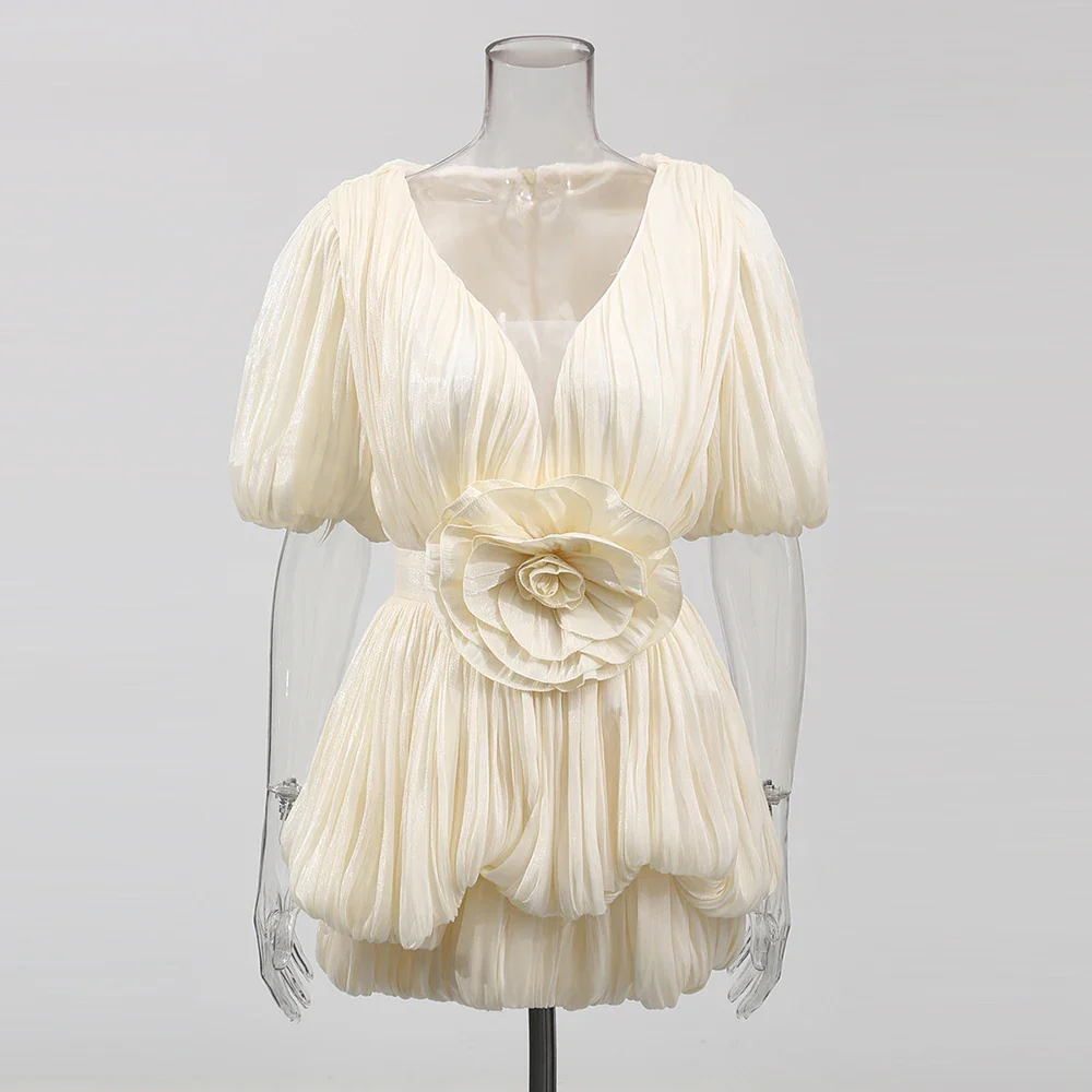 Ruched Deep V Neck Puff Sleeve 3D Flower Mini Dress
