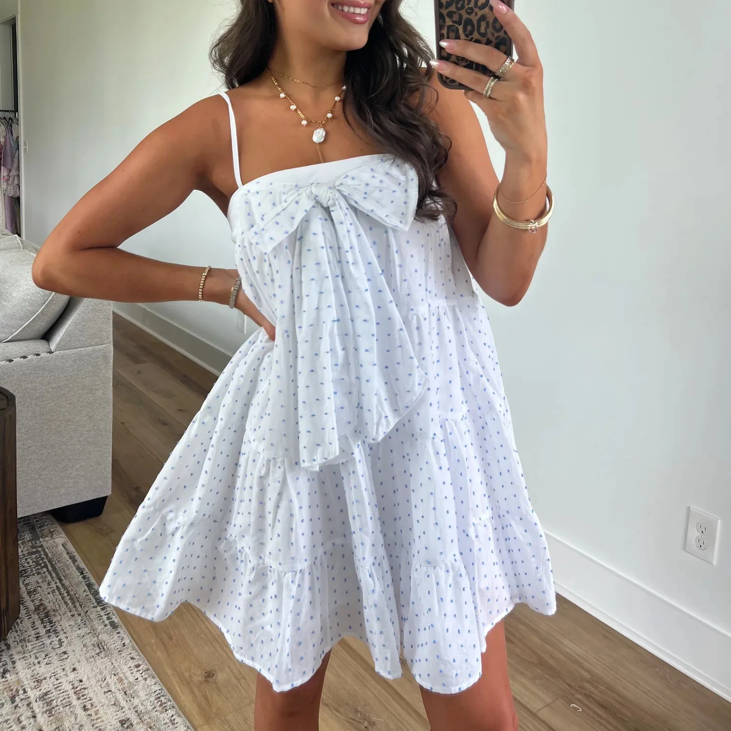 White Dotted Bow Babydoll Mini Dress