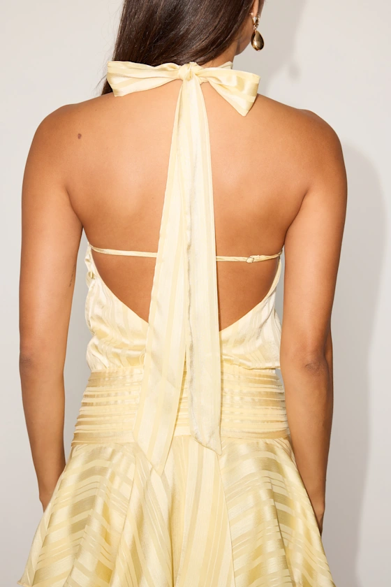 Cass Light Yellow Striped Satin Drop Waist Mini Dress