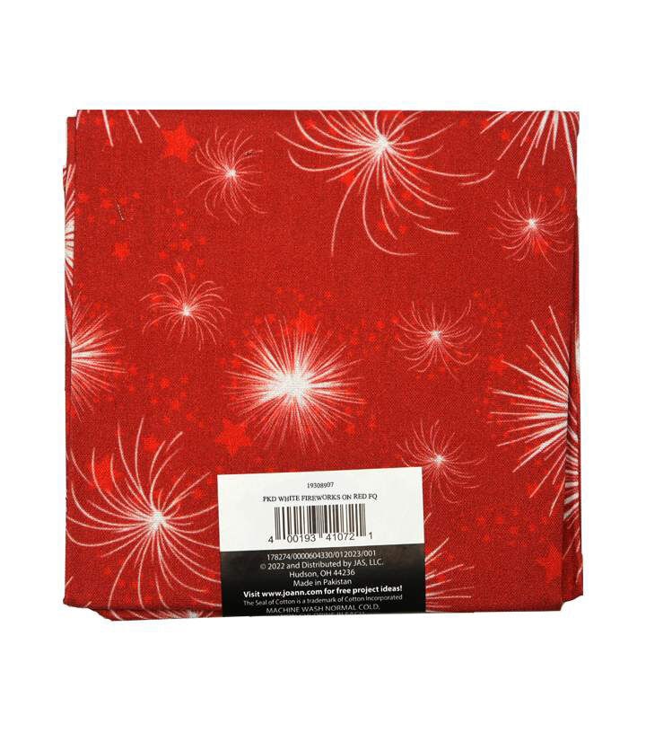 Packed White Fireworks On Red Cotton Fabric Quarter