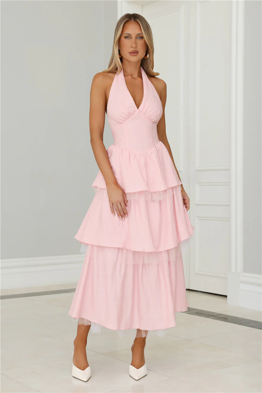Twinkle Into Night Tulle Halter Maxi Dress Pink