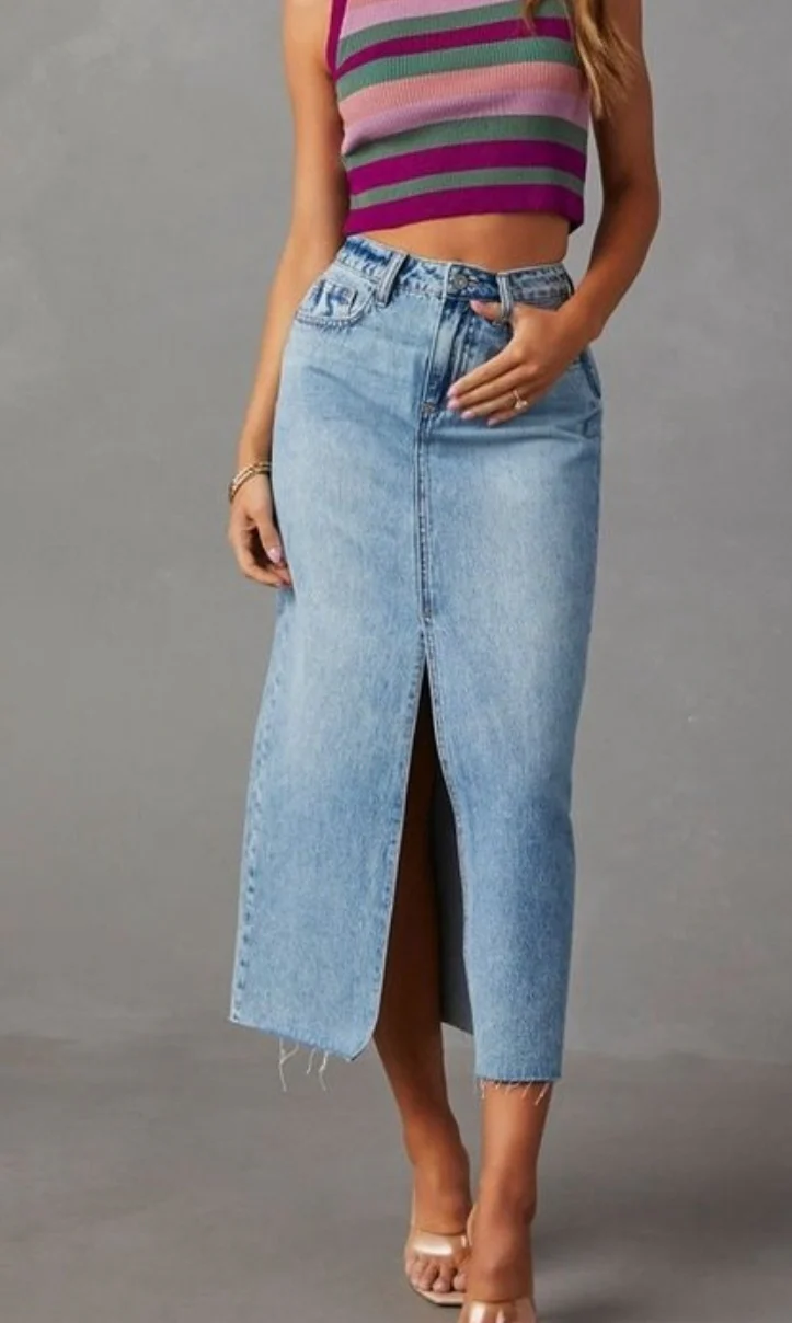 A-line denim mid-length skirt