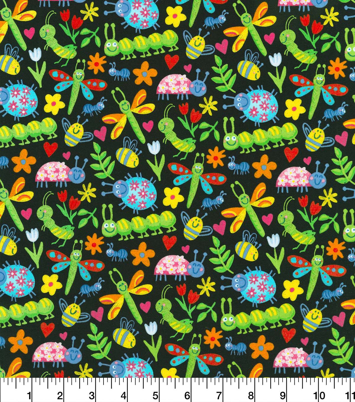 Robert Kaufman Doodlebugs on Black Novelty Cotton Fabric