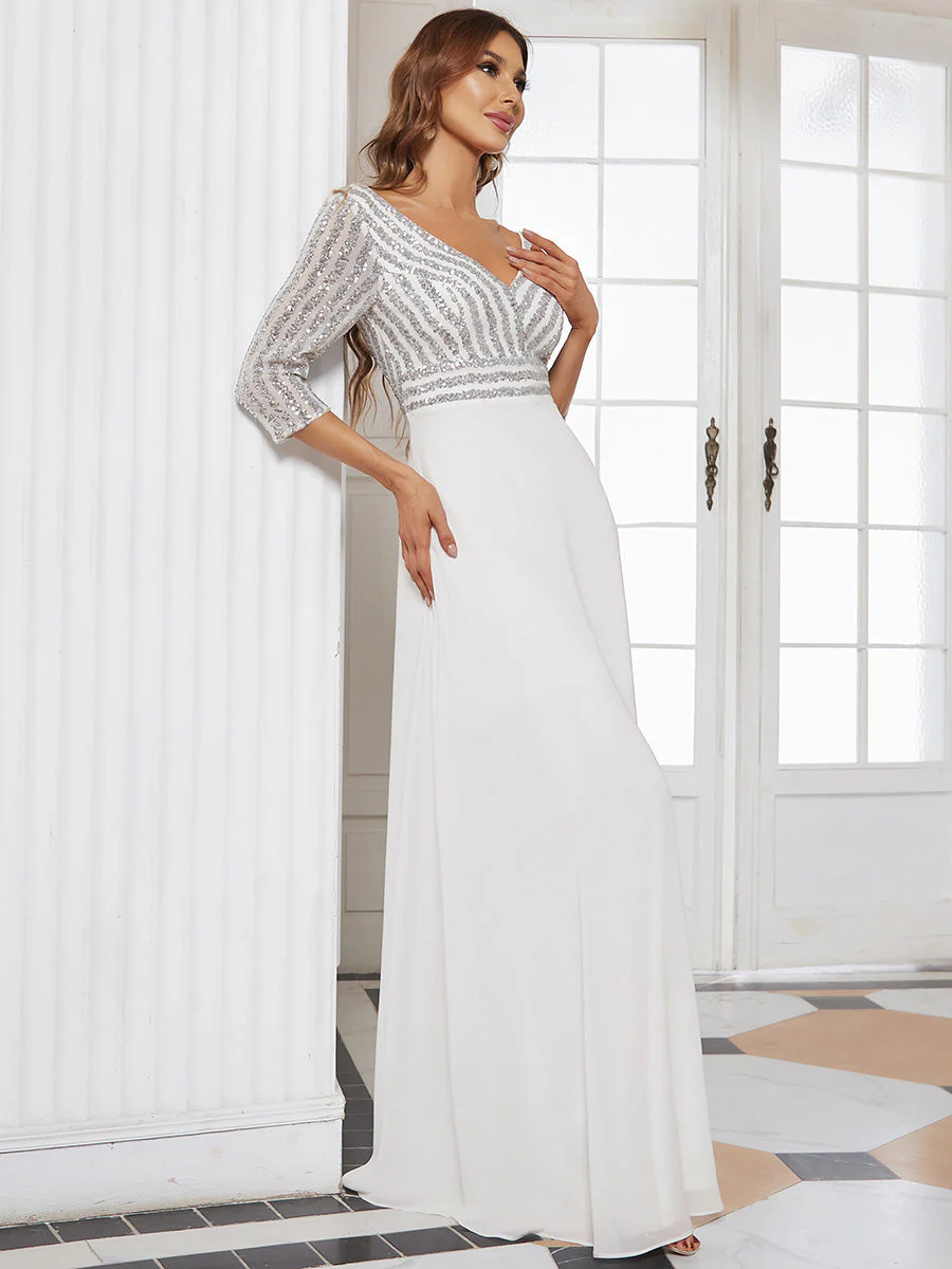 Sexy V Neck A-Line Sequin Wholesale Evening Dresses With 3/4 Sleeve