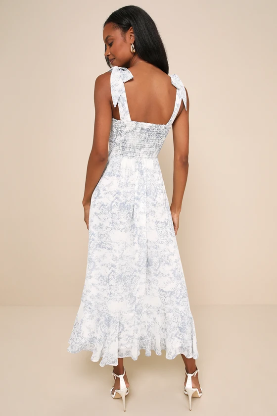 Summer Invite White and Blue Toile Tie-Strap Tiered Midi Dress