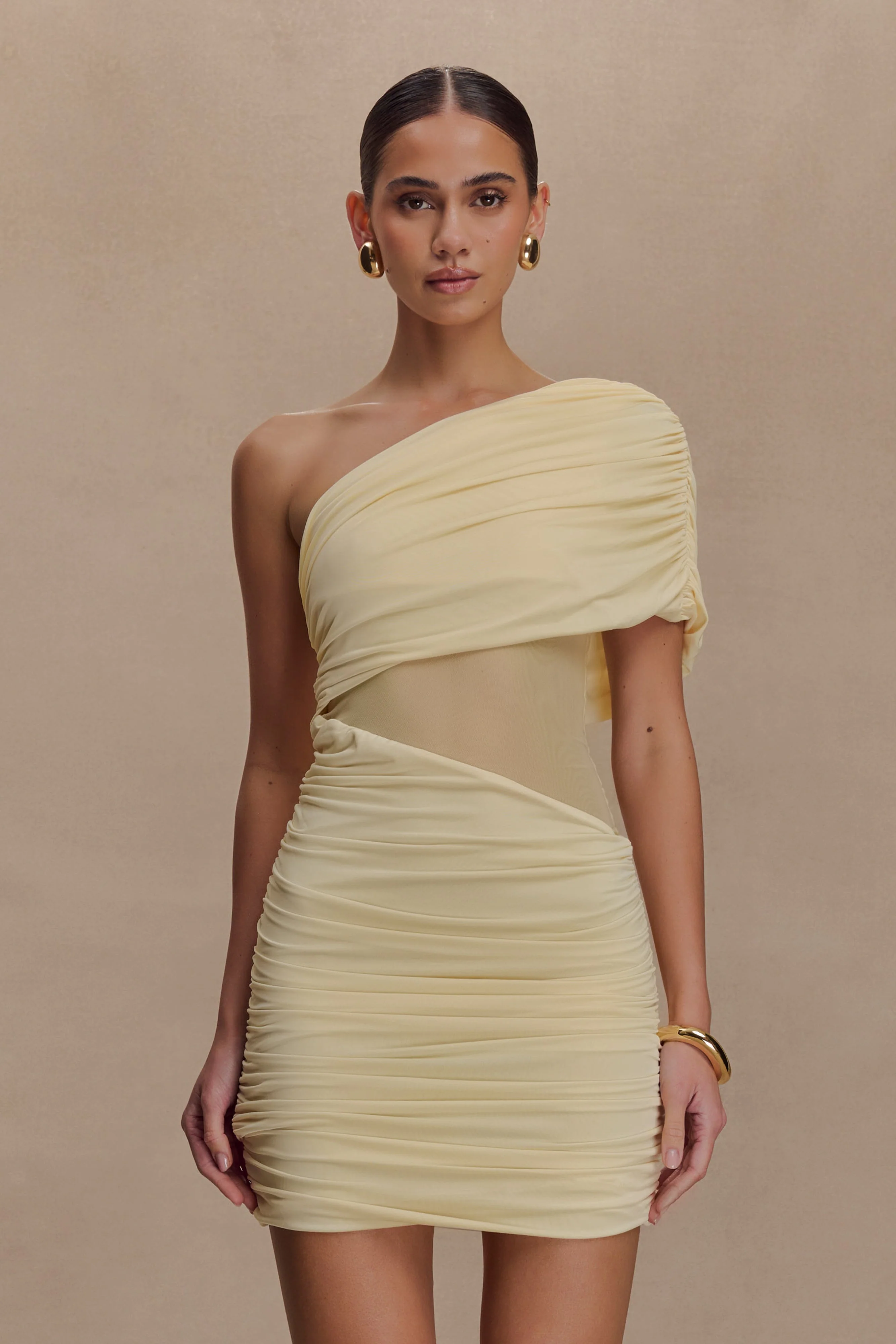 Dallas One Shoulder Mesh Mini Dress - Lemon