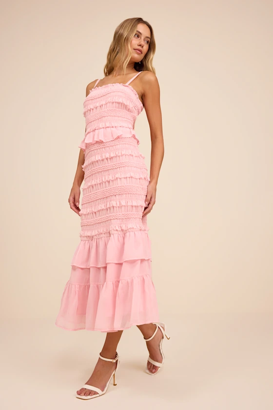 Harley Light Pink Smocked Ruffled Midi Dress