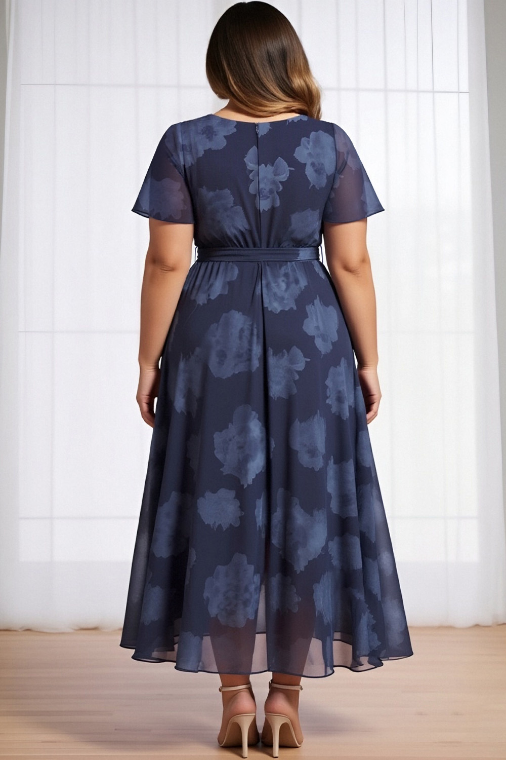 Flycurvy Plus Size Mother Of The Bride Navy Blue Chiffon Floral Print Wrap Maxi Dress