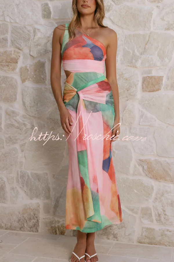Unique Printed One-Shoulder Cutout Fitted Lace-Up Maxi Dress