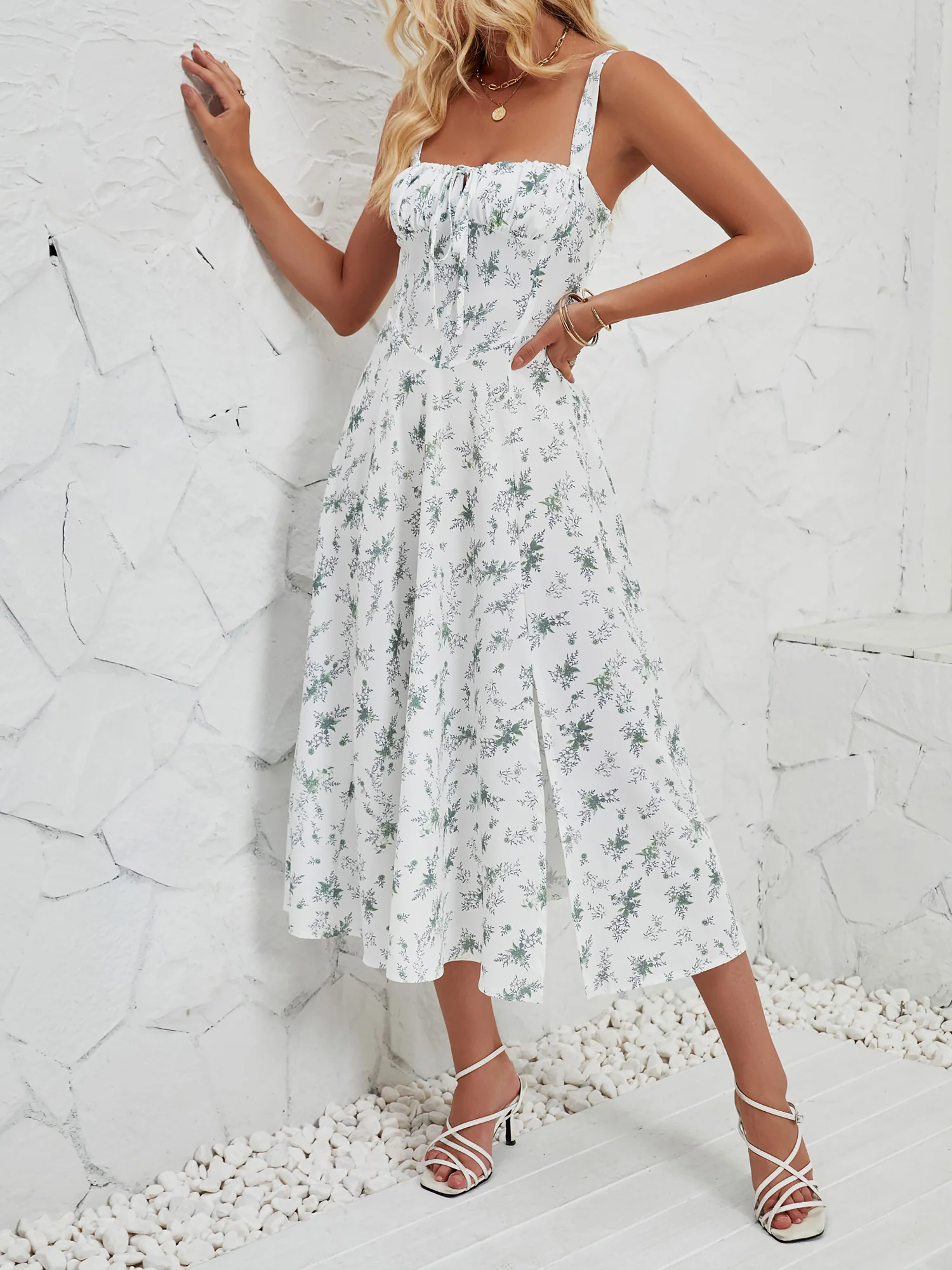 Floral Sleeveless Lace-Up Side Slit Dress Sundress