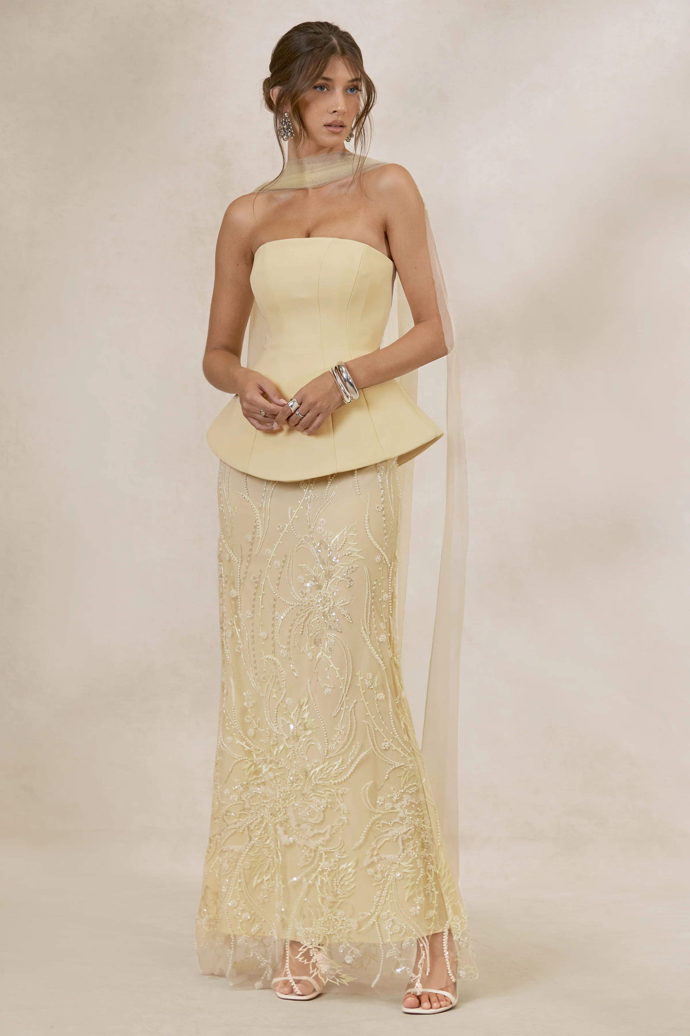 Lorna | Lemon Bandeau Maxi Dress With Scarf