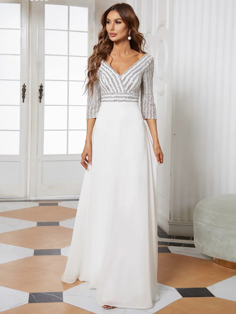 Sexy V Neck A-Line Sequin Wholesale Evening Dresses With 3/4 Sleeve