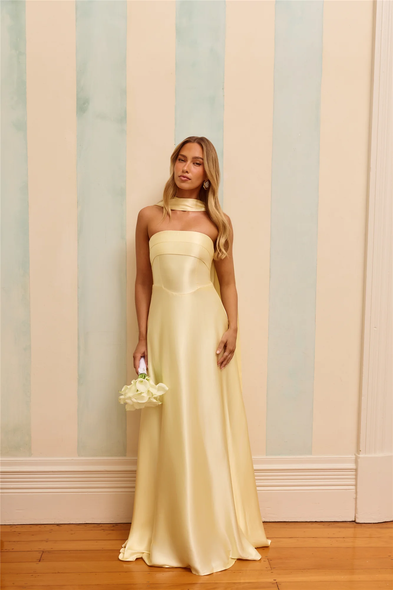 The Serina Strapless Satin Maxi Dress Yellow