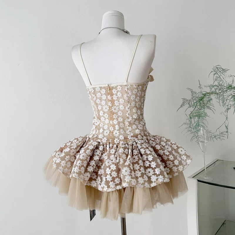 Lace Embroidered Flower Mesh Tulle Mini Dress