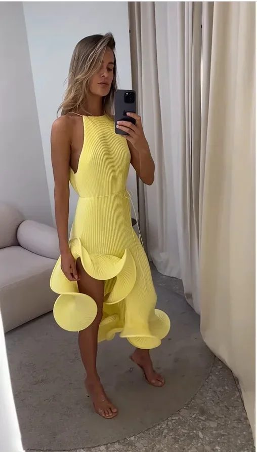 Sculpted Ruffle Asymmetric Hem Halter Midi Dress