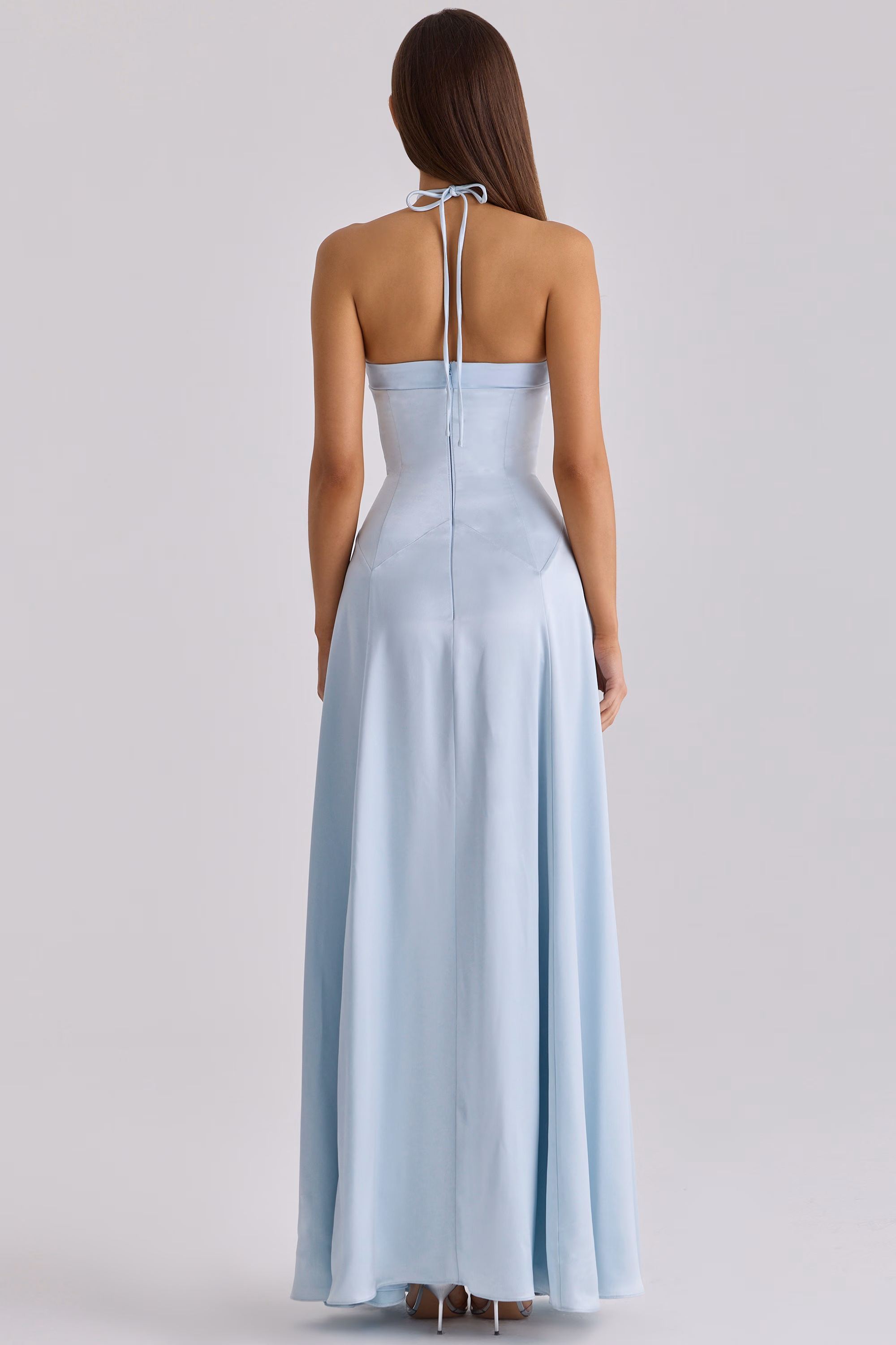 Avelina blue satin halter neck godet maxi dress