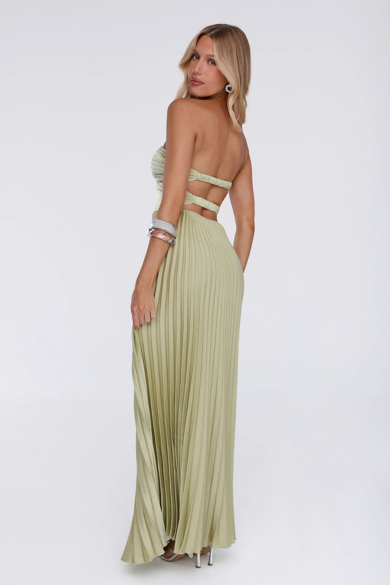 Sassy Sunshine Satin Pleated Strapless Maxi Dress Green
