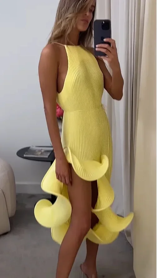 Sculpted Ruffle Asymmetric Hem Halter Midi Dress