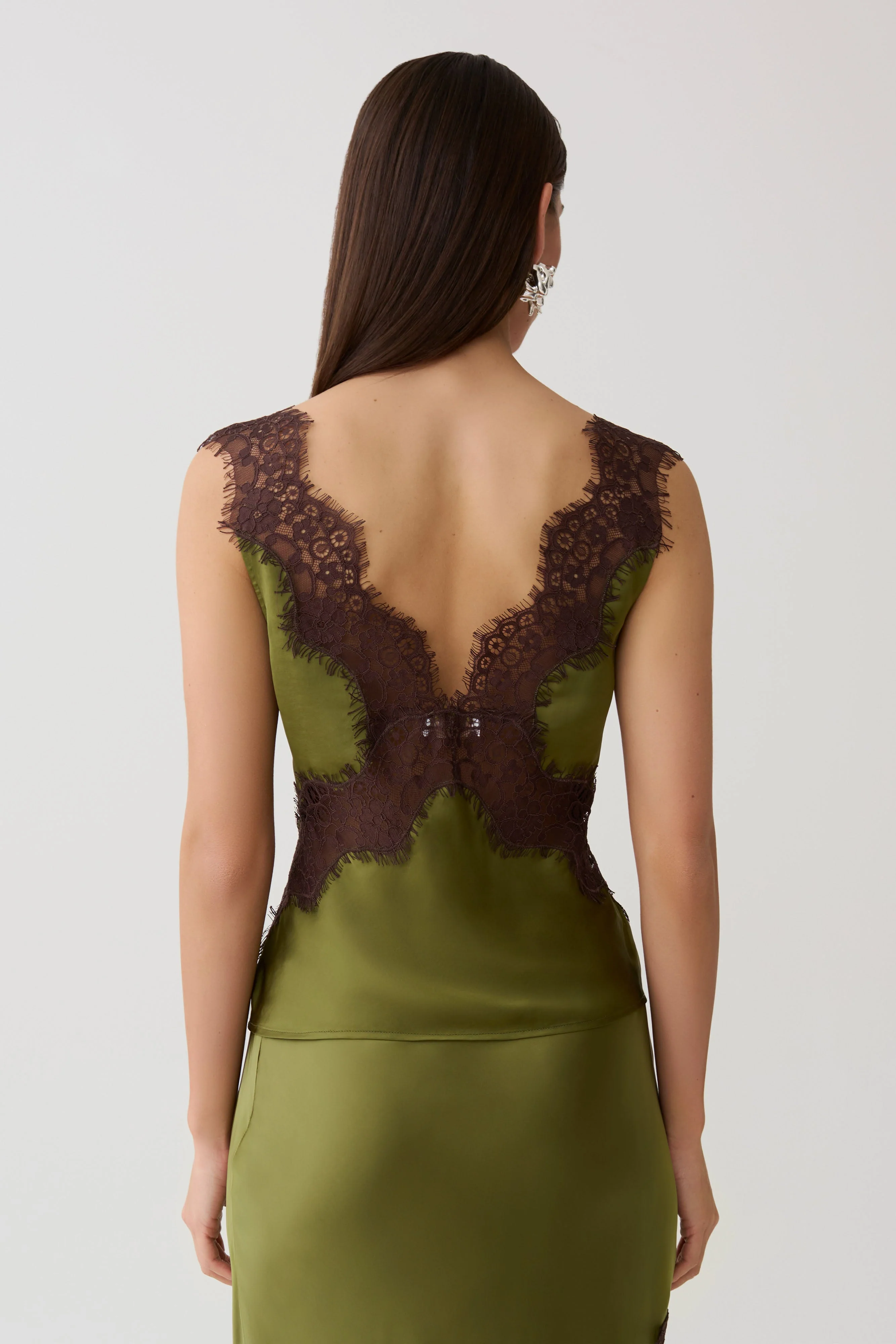 Amber Satin And Lace Camisole - Olive