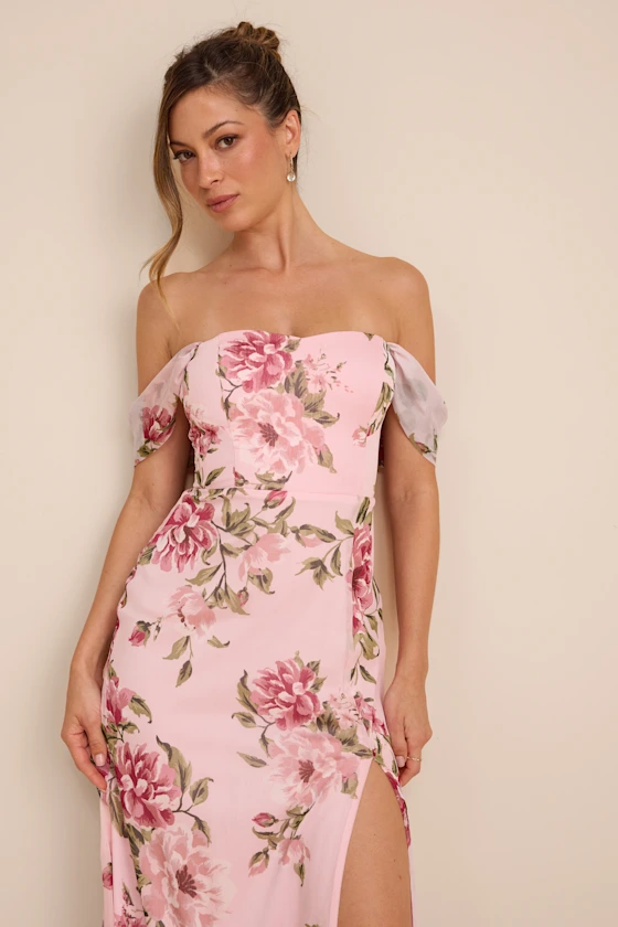 Magical Magnetism Light Pink Floral Off-the-Shoulder Maxi Dress