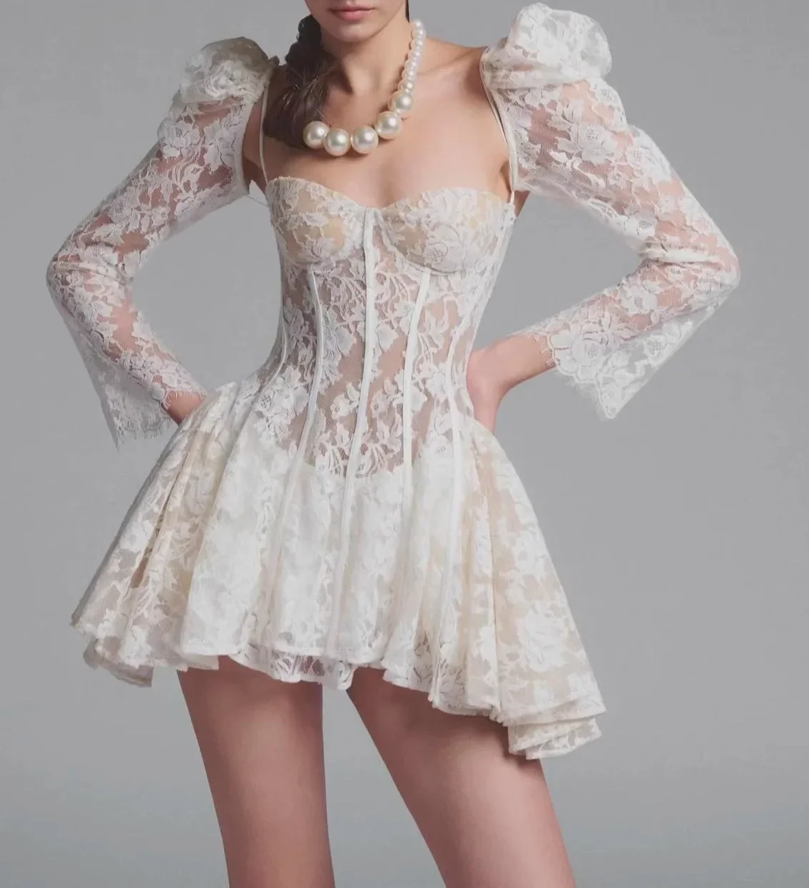 White Lace Flare Sleeve Corset Frill Mini Dress