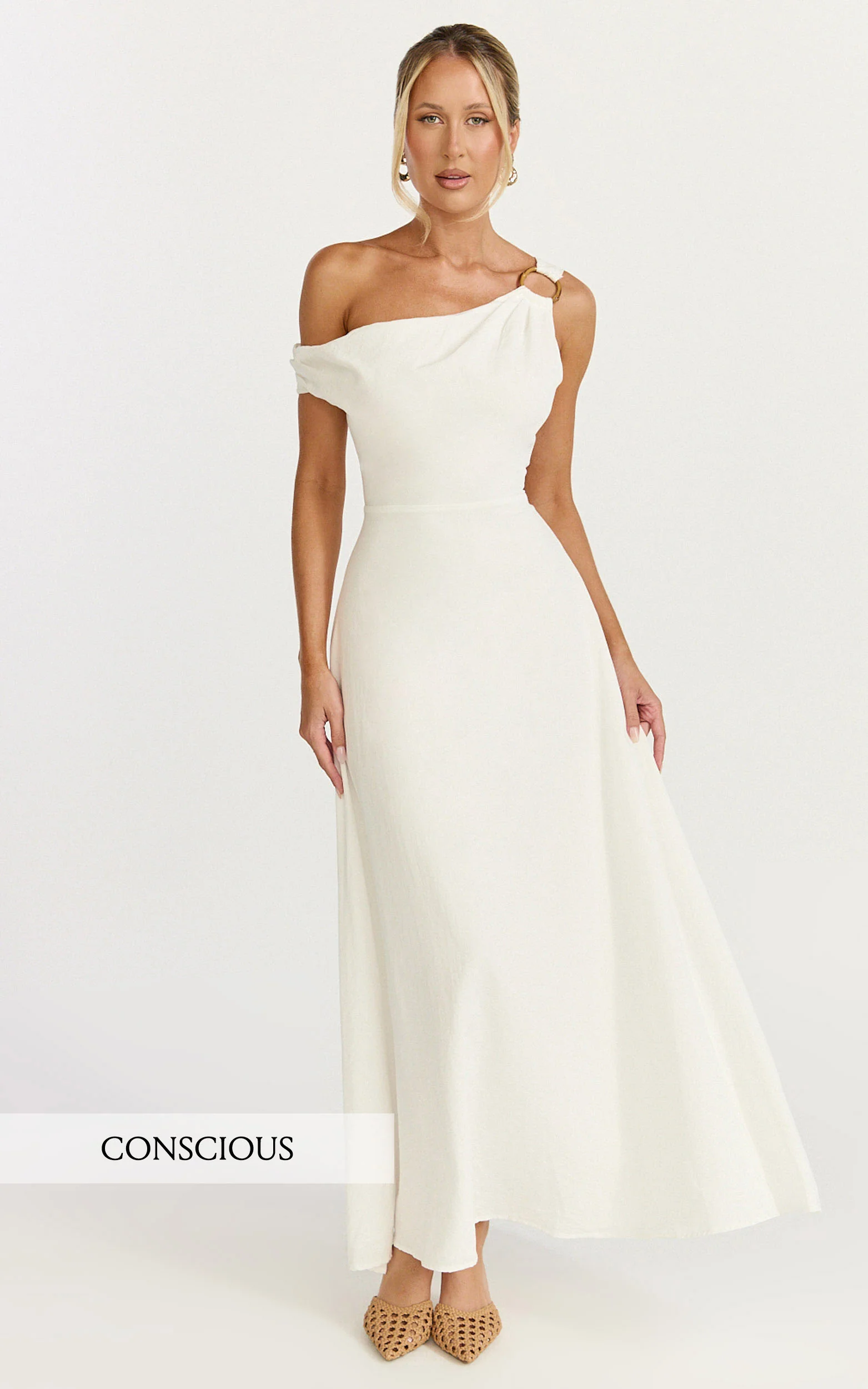 Off The Shoulder Hardware Detail A Line Dress in White