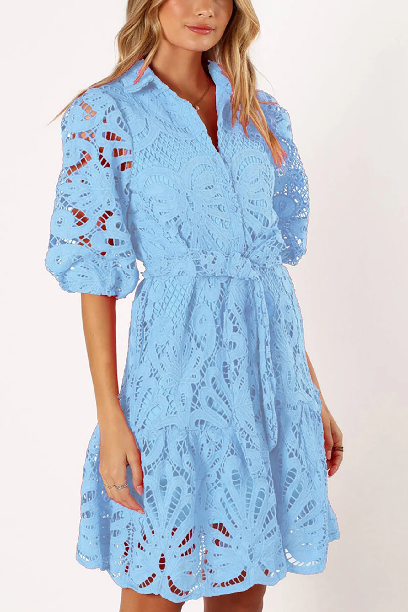 Lace Half Sleeve Tie-up Mini Dress