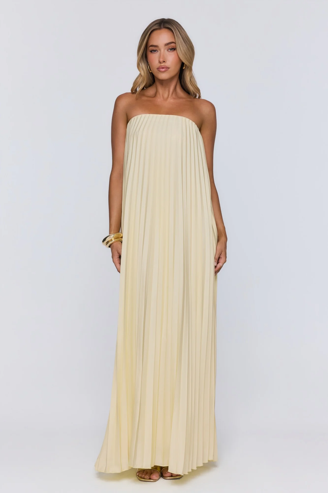 Moonlit Sea Pleated Strapless Maxi Dress Lemon