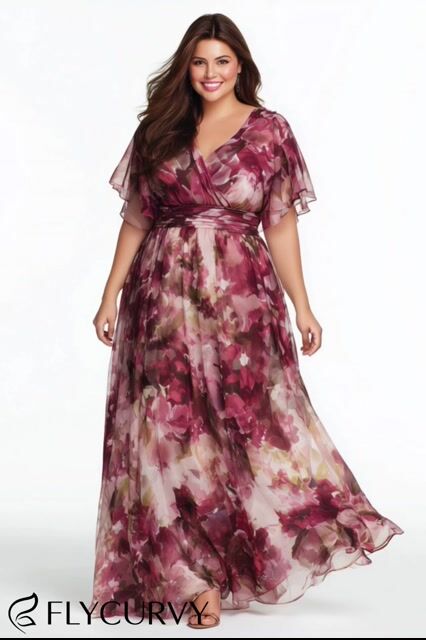 Flycurvy Plus Size Wedding Guest Fuchsia Organza Floral Print Wrap Flutter Sleeve Maxi Dress