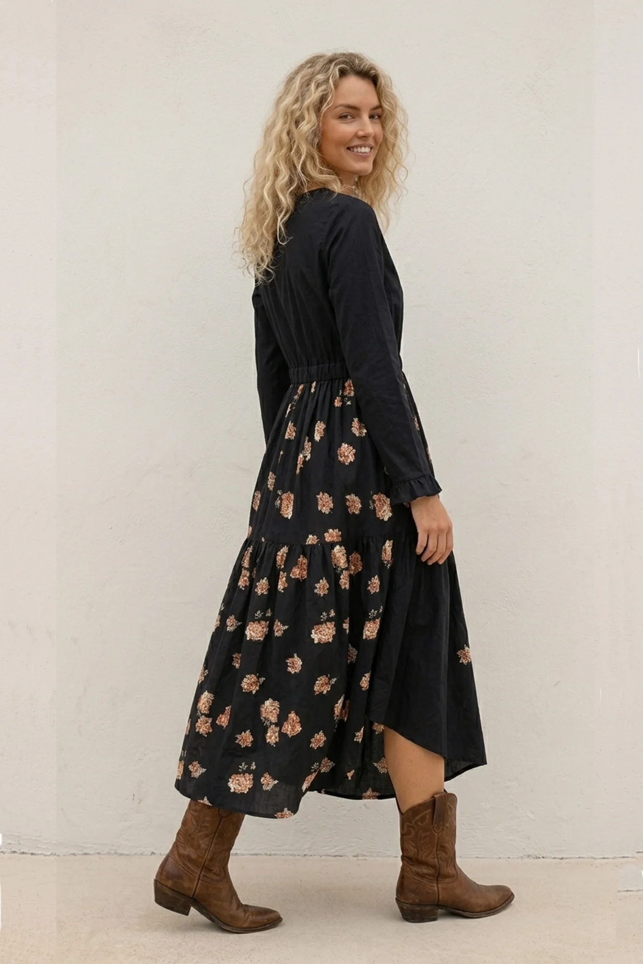 Floral Print Irregular Hem Retro Midi Dress