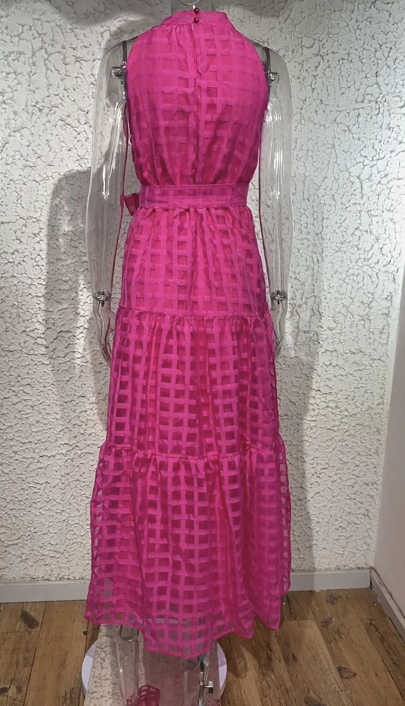 2023 Fashion Trends | Hot Pink Halter Retro Maxi Summer Dress