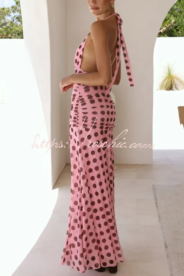 Polka Dot Print Halter Neck Tie Pleated Slim-fit Maxi Dress