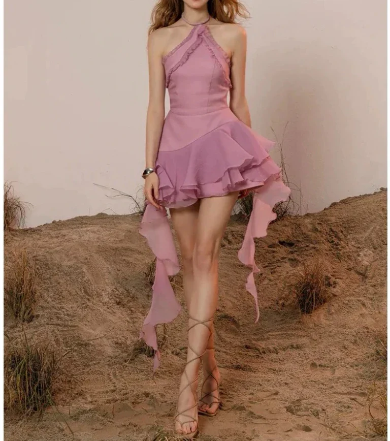 Halter Fringe Hem Mini Dress