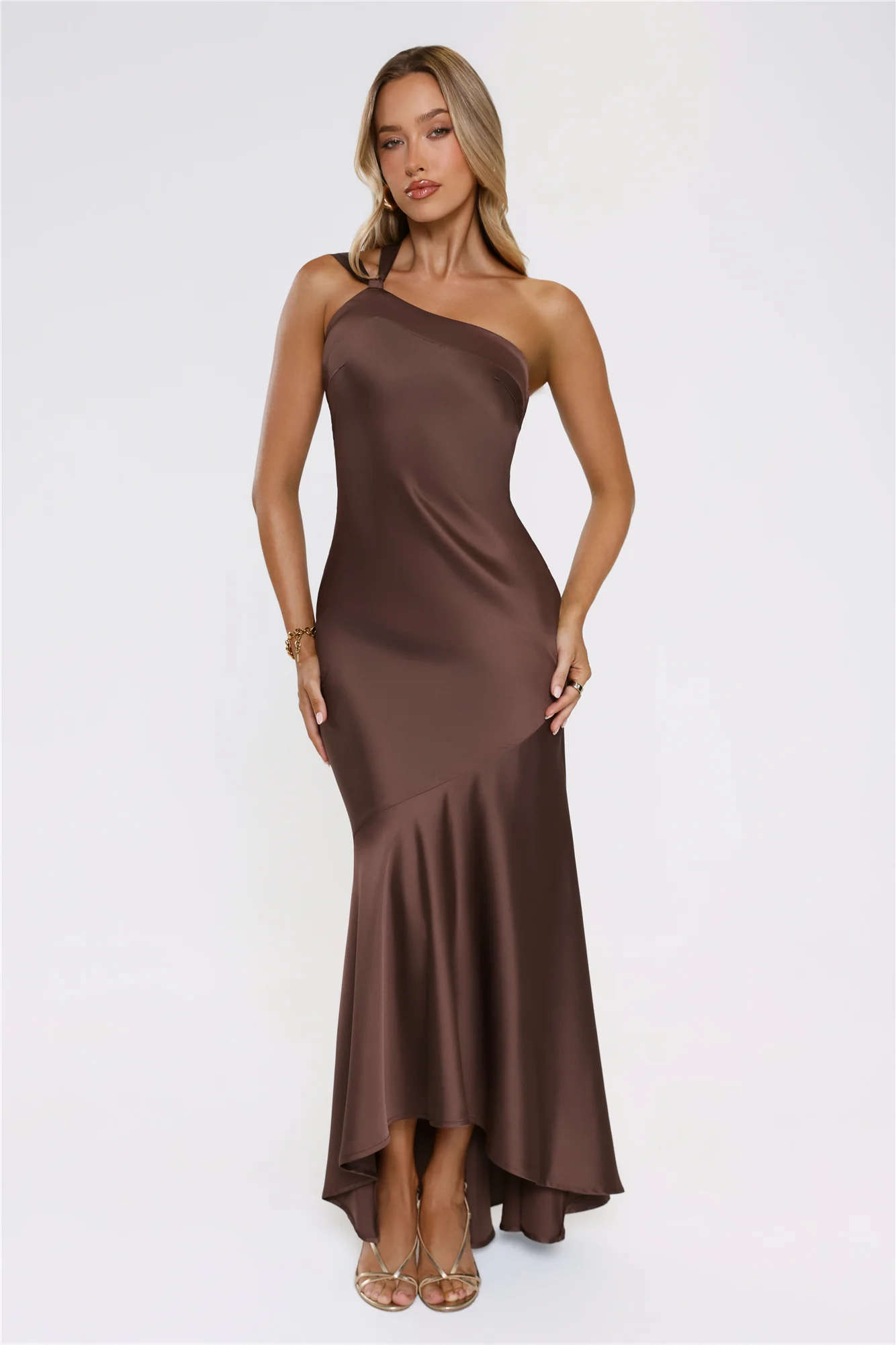 Romantic Affair Satin One Shoulder Maxi Dress Brown