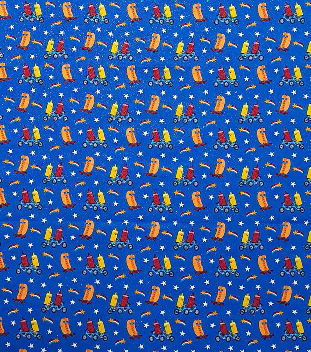Hot Dogs With Ketchup & Mustard Patriotic Glitter Cotton Fabric by POP!