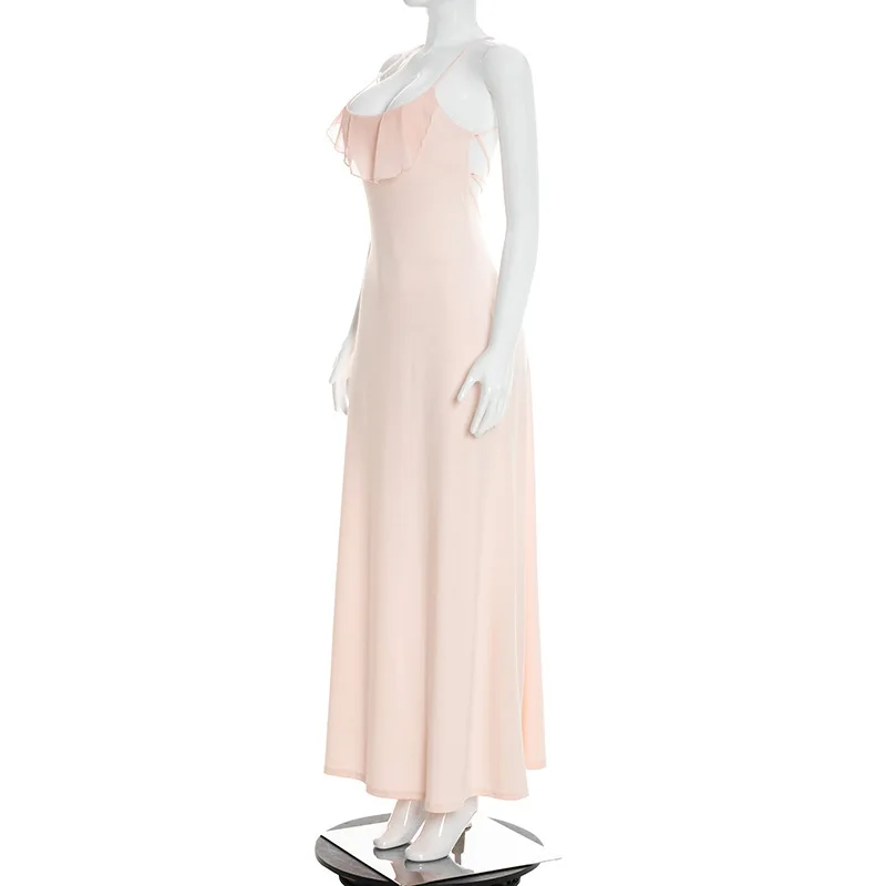 Pink Ruffle Back Tie Up Maxi Dress