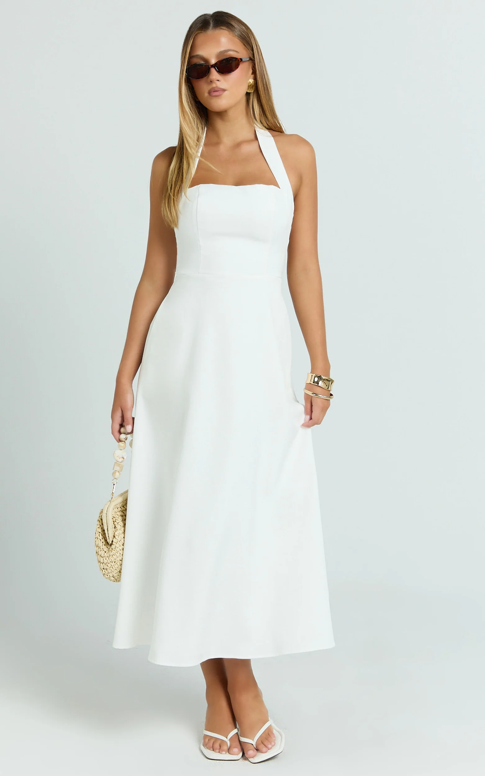 Halter Neck Fit and Flare Midi Dress in White