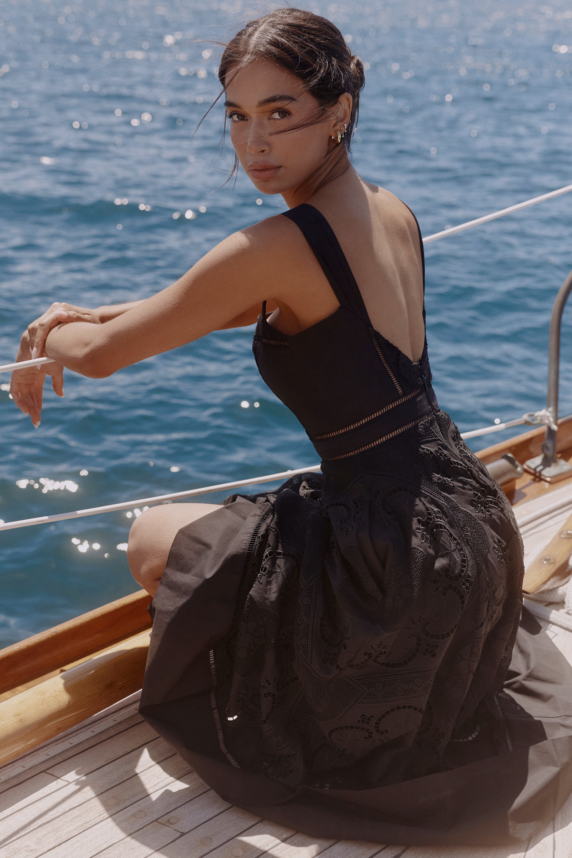 black cotton placement broderie anglaise midi dress